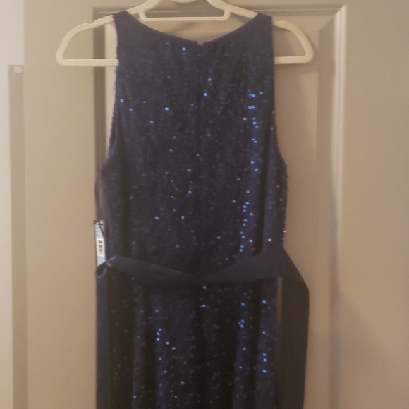 Tahari Deep Navy Sleeveless Sequin Tie Sash Gown - Picture 5 of 5